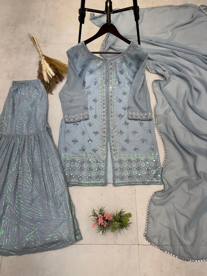 Captivating Real Mirror Work Grey Color Sharara Suit