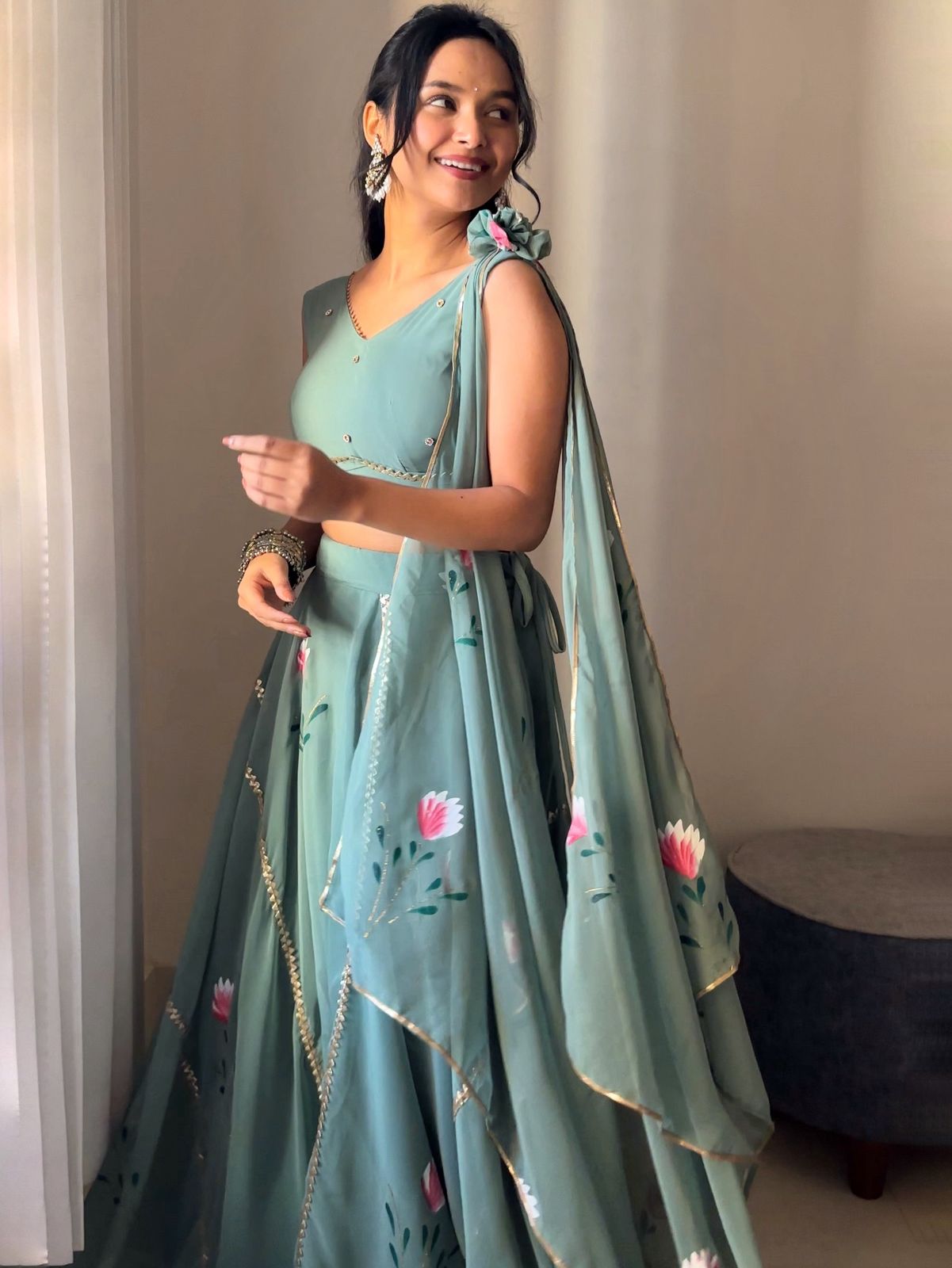 Awesome Georgette Sky Blue Color Top With Lehenga