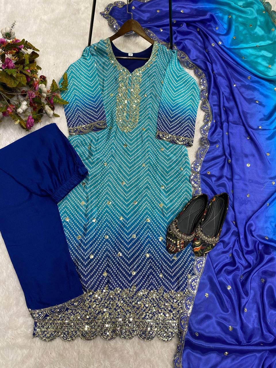 Shilpa Shetty Bollywood  Sky Blue With Navy Blue Color Salwar Suit