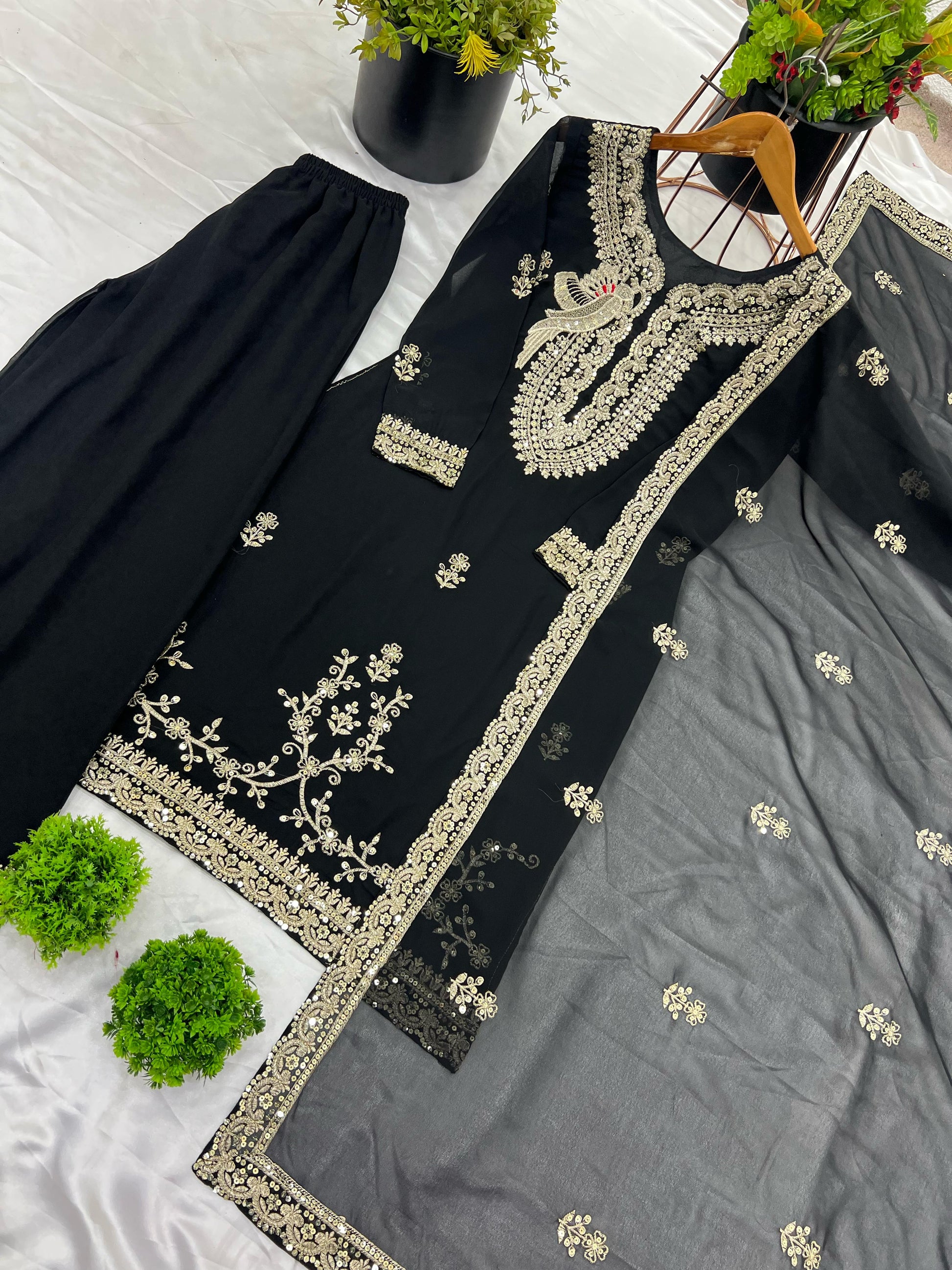 Outstanding Black Color Sequence Work Palazzo Suit