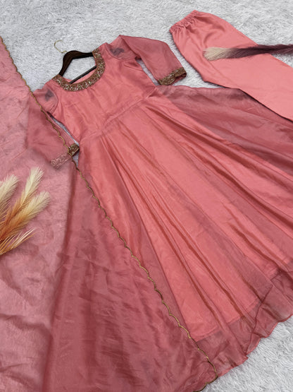 Delightful Embroidery Peach Color Anarkali Gown with Dupatta