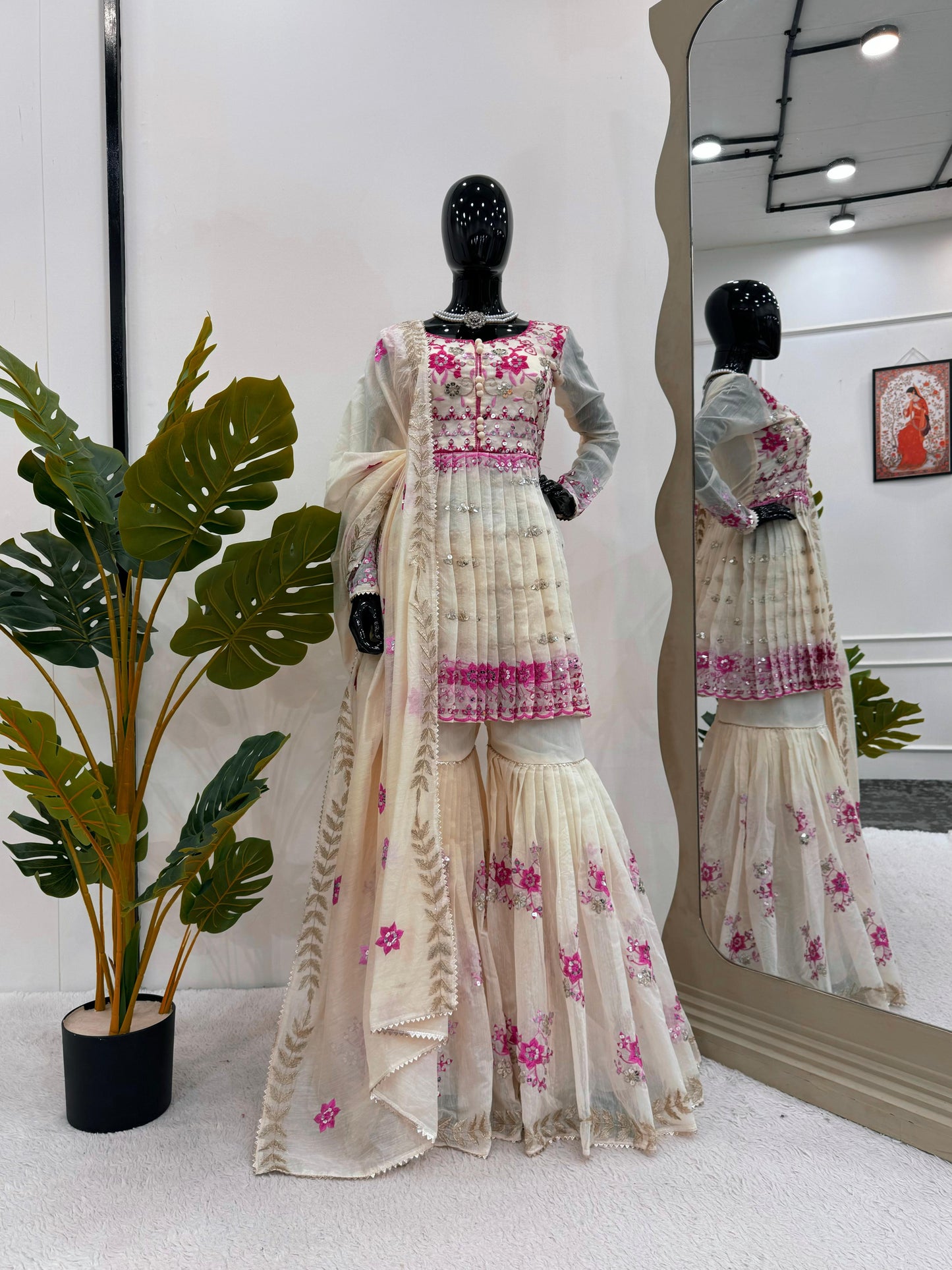 Shining Chanderi Cotton Cream Color Sharara Suit