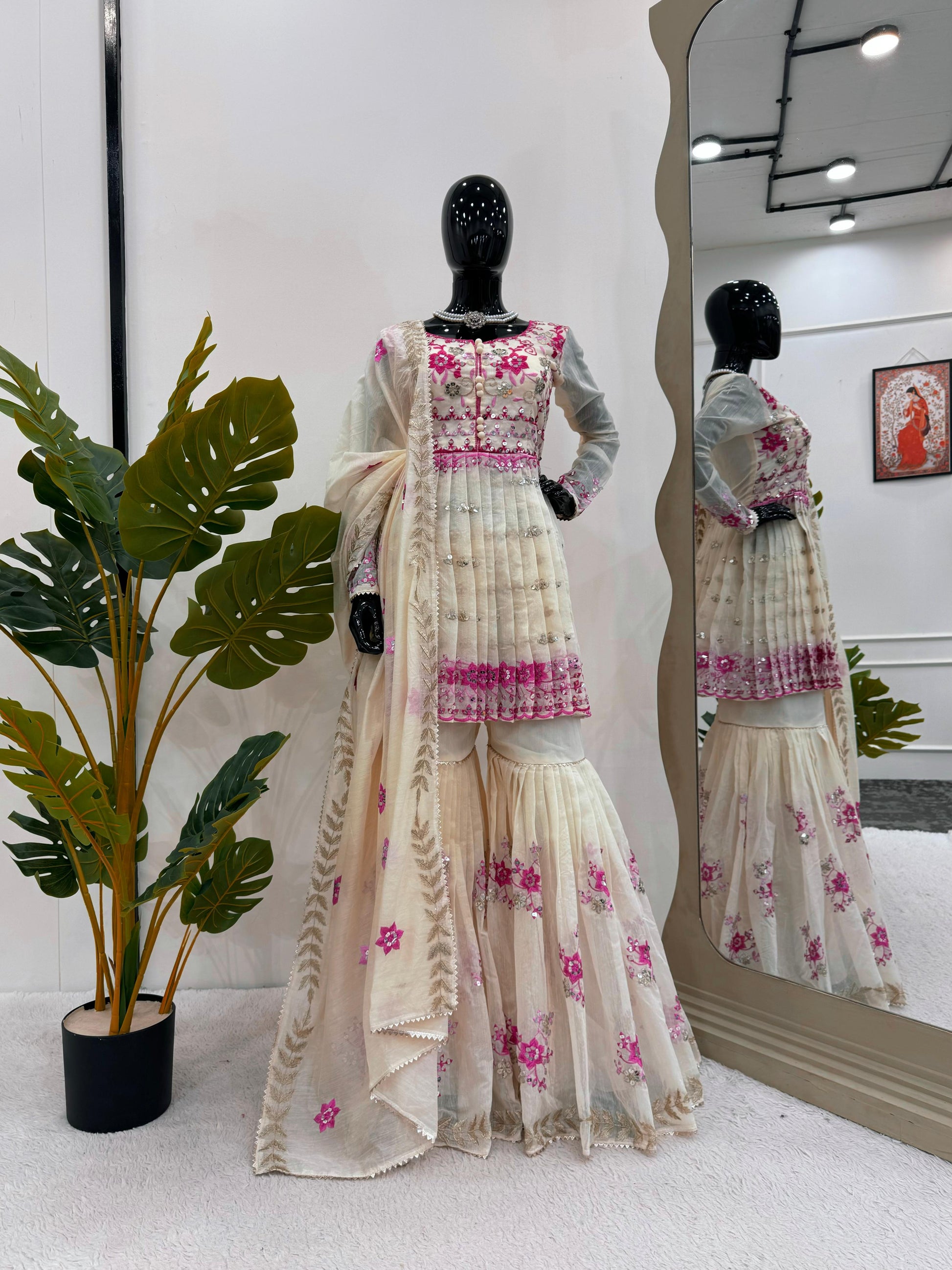 Shining Chanderi Cotton Cream Color Sharara Suit
