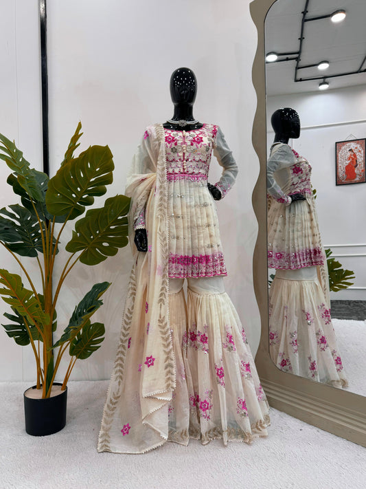 Shining Chanderi Cotton Cream Color Sharara Suit