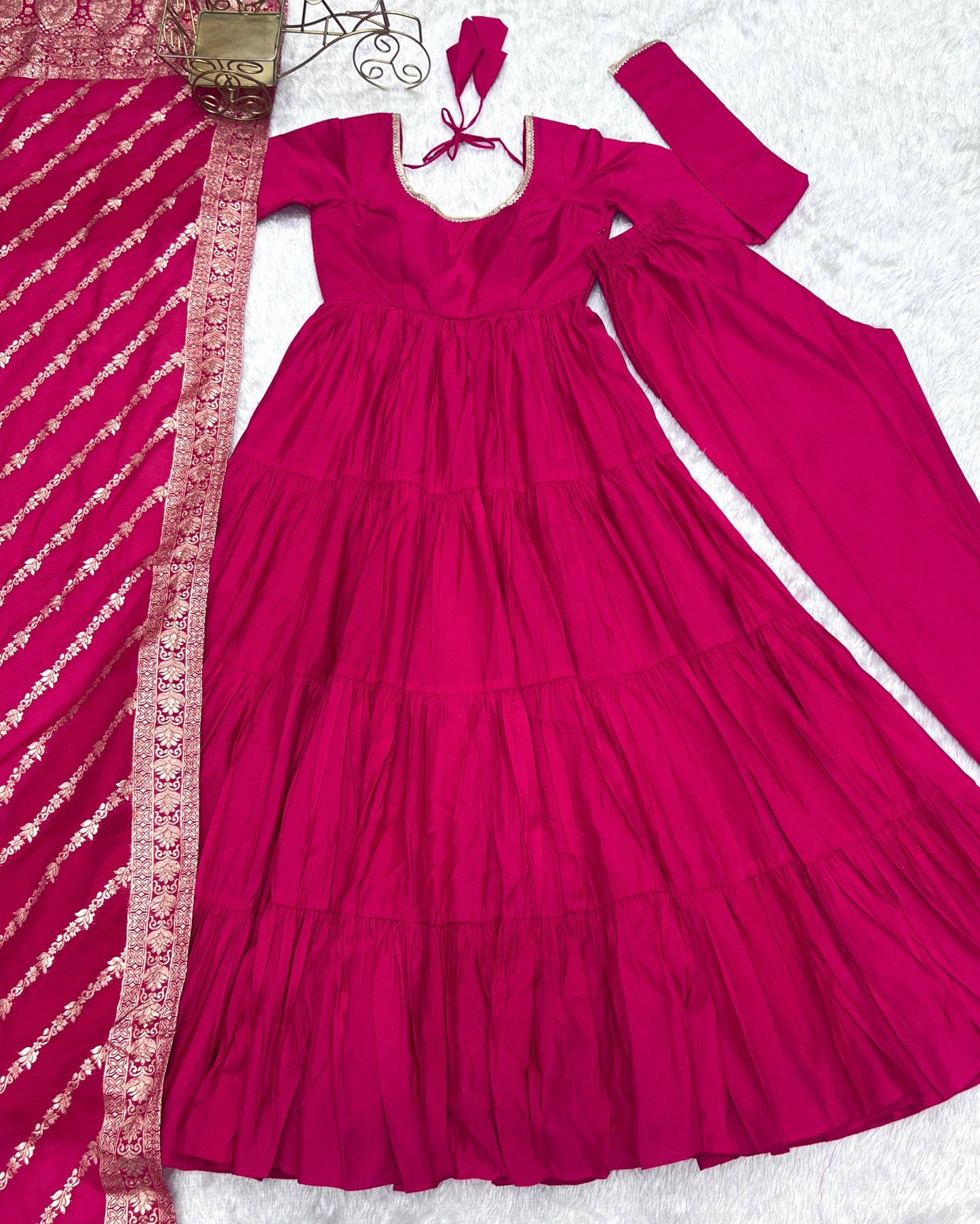 Elegant Pink Color Pure Roman Silk Chanderi Fabric Fully Flair Anarkali Gown With Dupatta