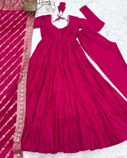 Elegant Pink Color Pure Roman Silk Chanderi Fabric Fully Flair Anarkali Gown With Dupatta