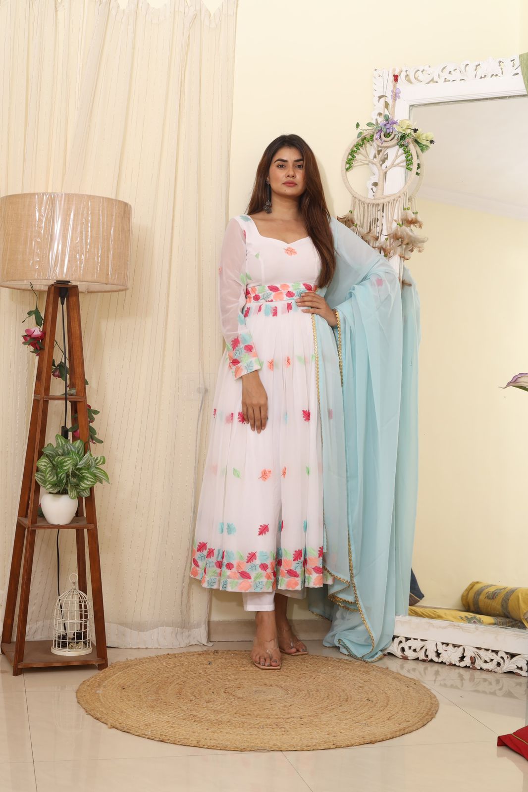 Elegant White Color Multi Thread Work Gown