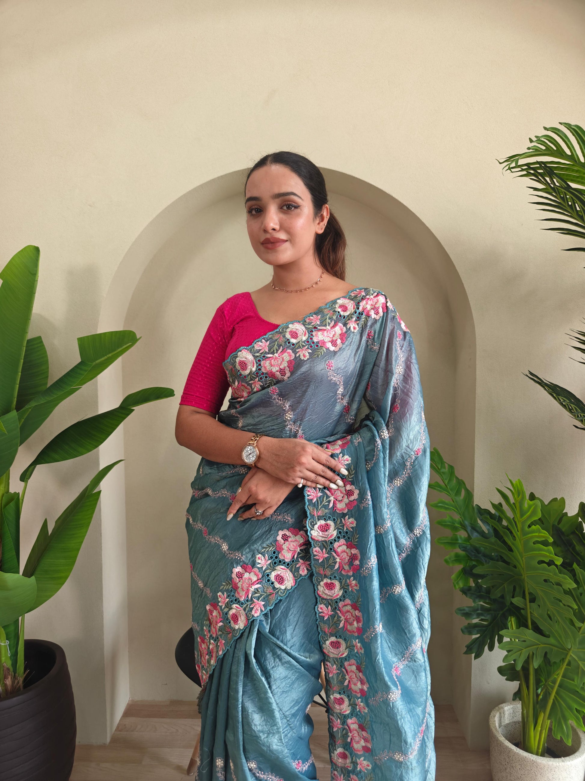 Delightful Crush Silk Teal Blue Color Saree