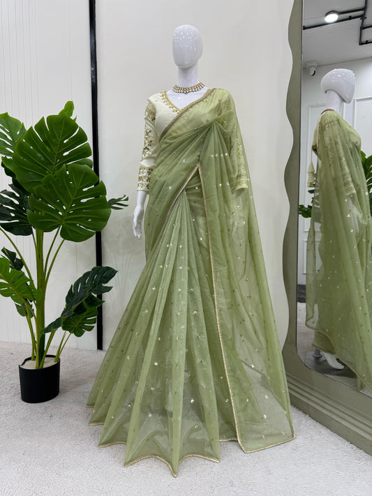 Fantastic Sequnce Work Net Mehndi Color Saree