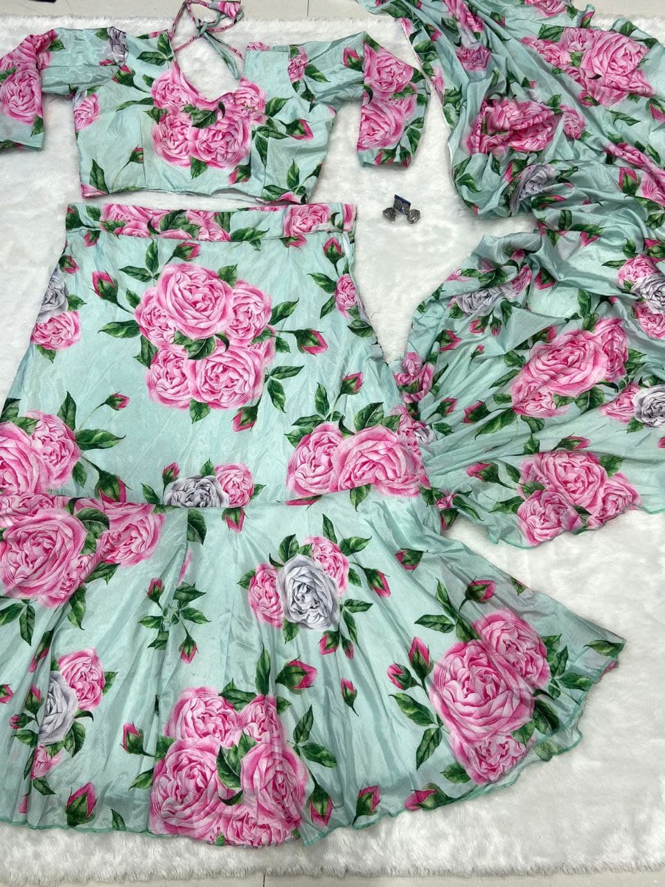 Party Wear Flower Print Multi Color Lehenga Saree