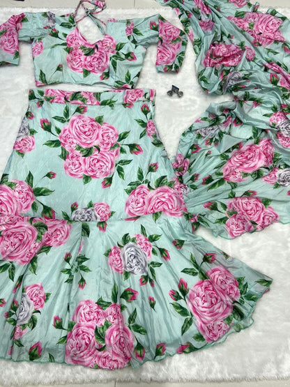 Party Wear Flower Print Multi Color Lehenga Saree