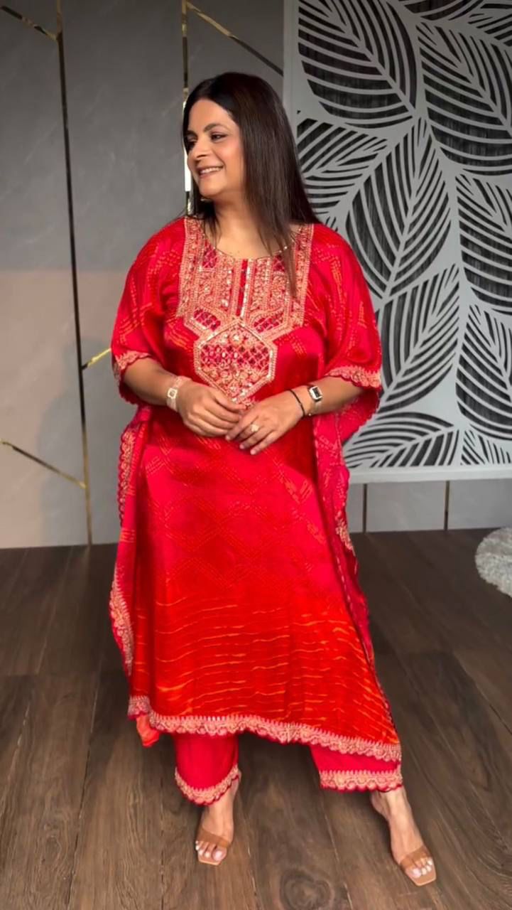 Blissful Chinon Embroidered Work Pink & Orange Color Kaftan Suit