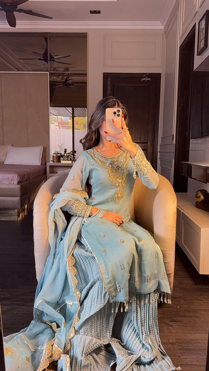 Precious Heavy Embroidery Sequence Work Rama Color Sharara Suit