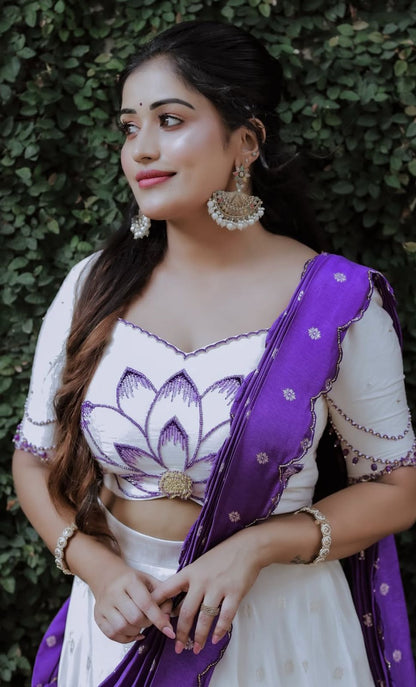 Demanding Chinon Digital Print White & Purple Color Lehenga Choli