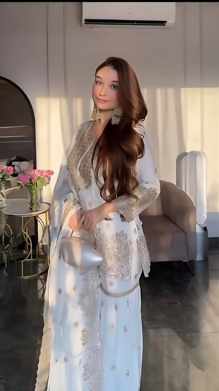 Function Wear Heavy Work White Color Sharara Suit