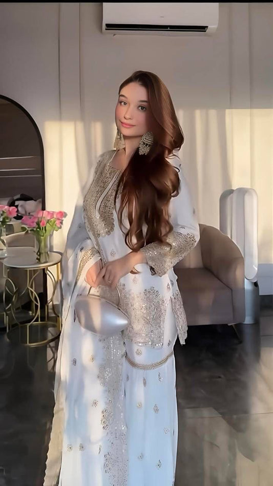 Function Wear Heavy Work White Color Sharara Suit