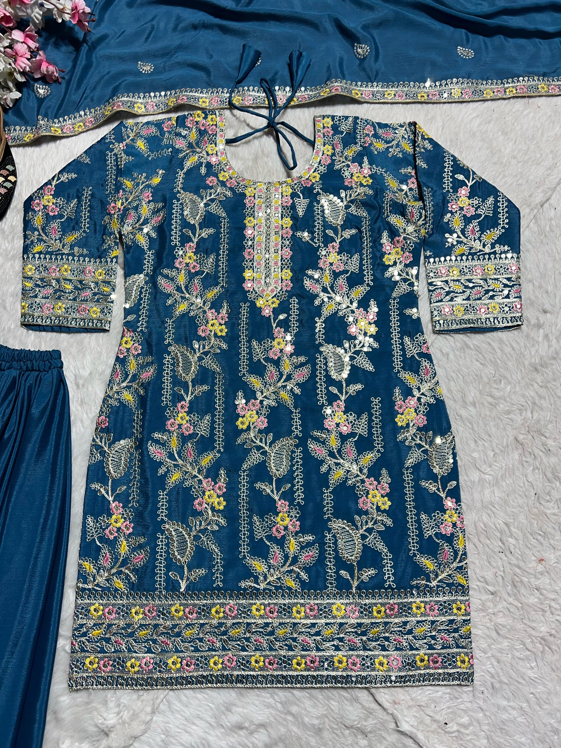 Designer Blue Color Embroidery Work Sharara Suit