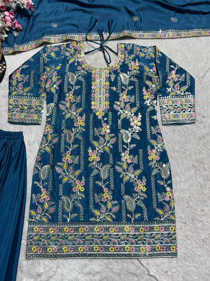 Designer Blue Color Embroidery Work Sharara Suit