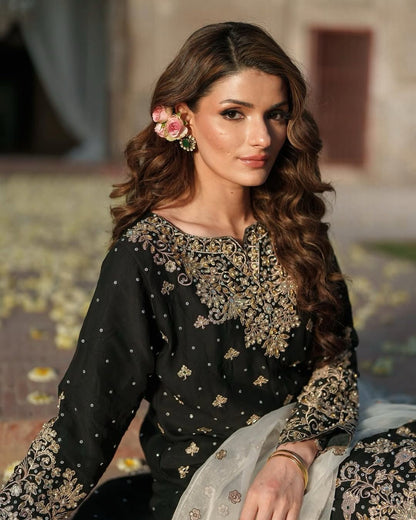 Decent Chinon Silk Black Color Palazzo Suit