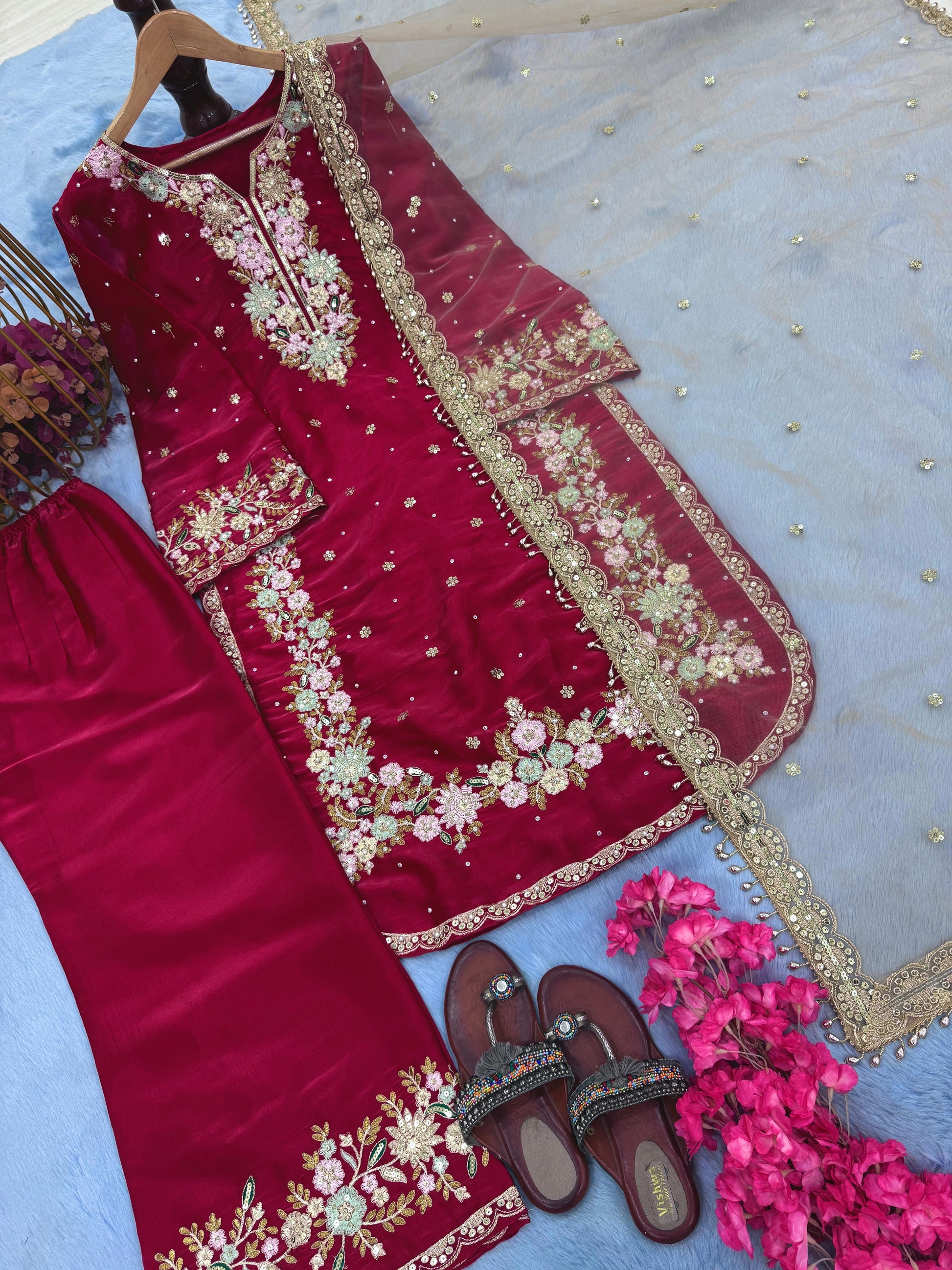 Elegant Jimmy Choo Sequence Work Red Color Palazzo Suit