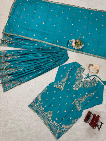 Wonderful Chinon Silk Teal Blue Color Palazzo Suit