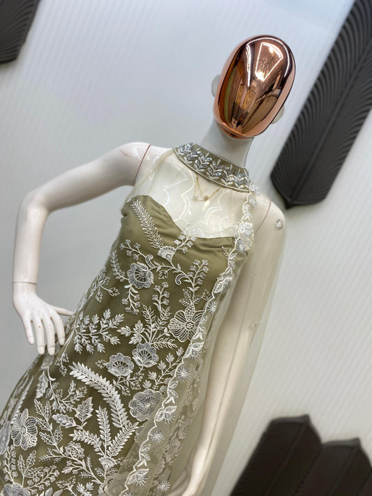 Shining Embroidery Work Mehndi Color Palazzo Suit