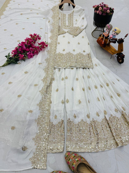 Function Wear Heavy Work White Color Sharara Suit