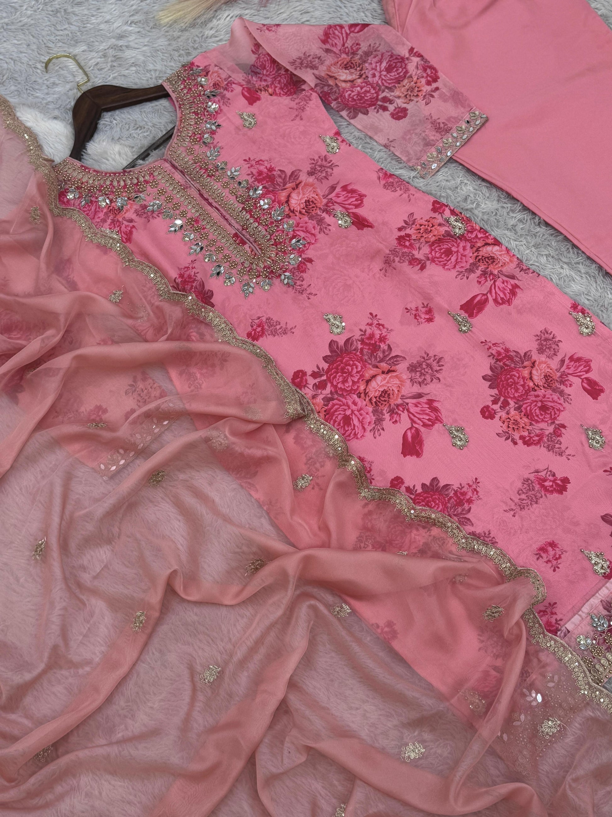 Flattering Sequence Heavy Stone Mirror Hand Work Pink Color Palazzo Suit