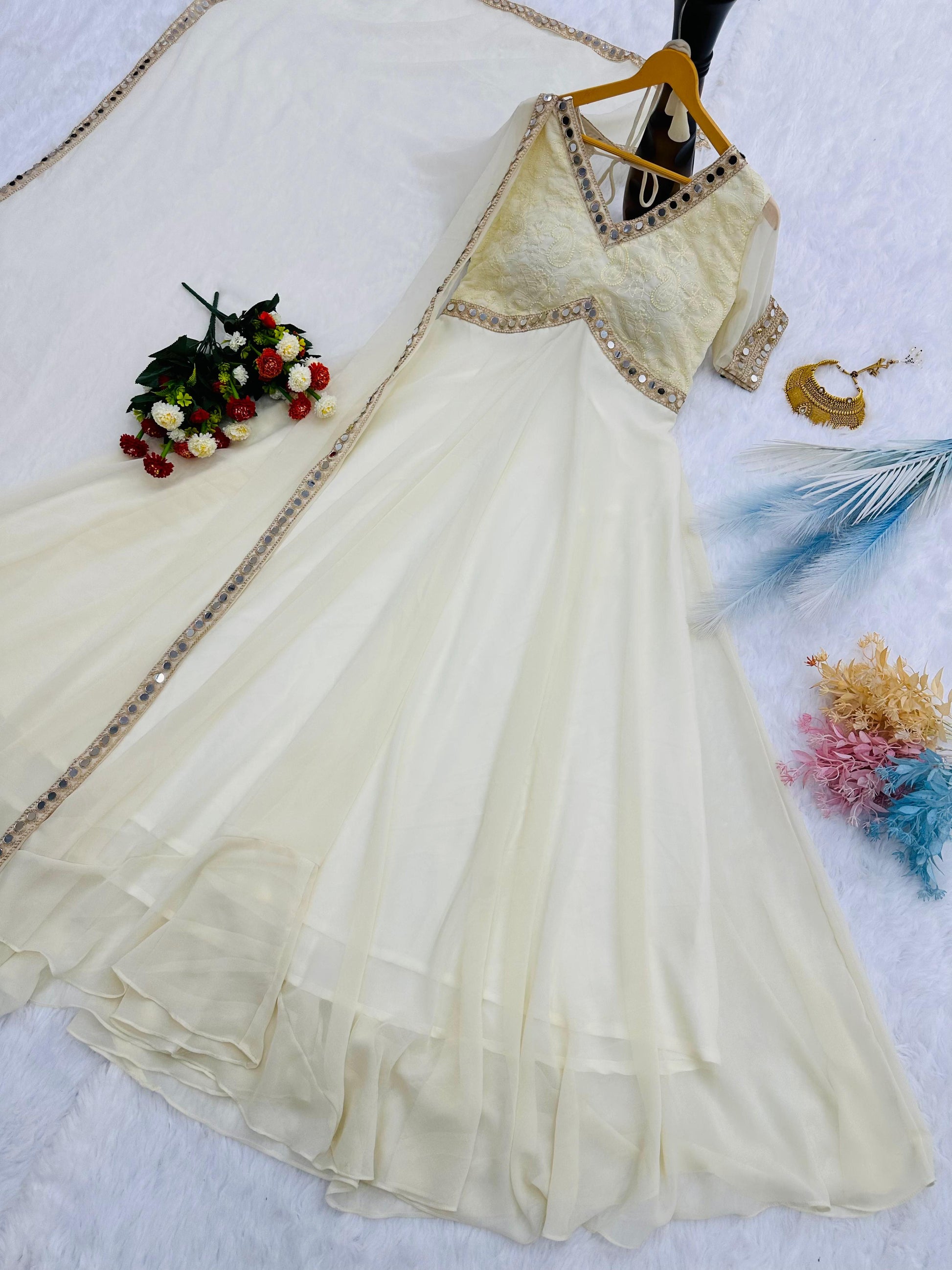 Fancy Embroidery Chikankari Work Off White Color Gown