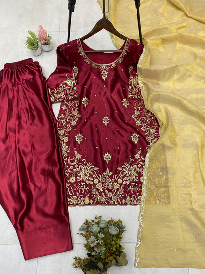 Glorious Maroon Satin Sequence Work Sharara Suit