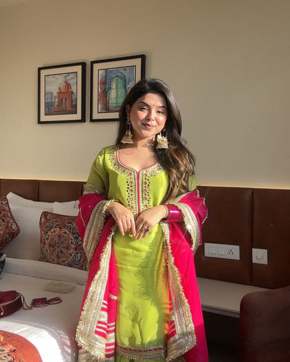 Attractive Embroidery Thread Work Green Color Palazzo Suit