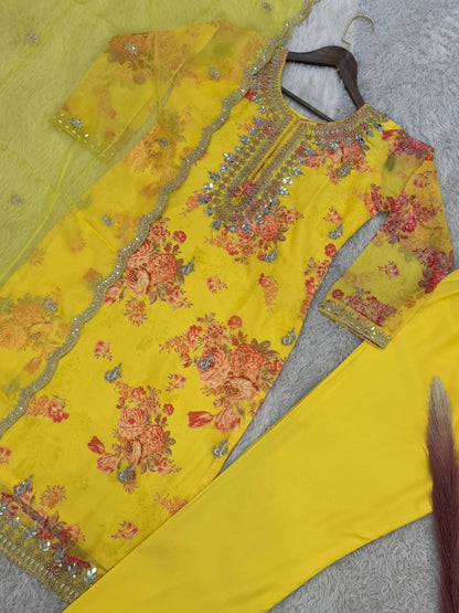 Flattering Sequence Heavy Stone Mirror Hand Work Yellow Color Palazzo Suit