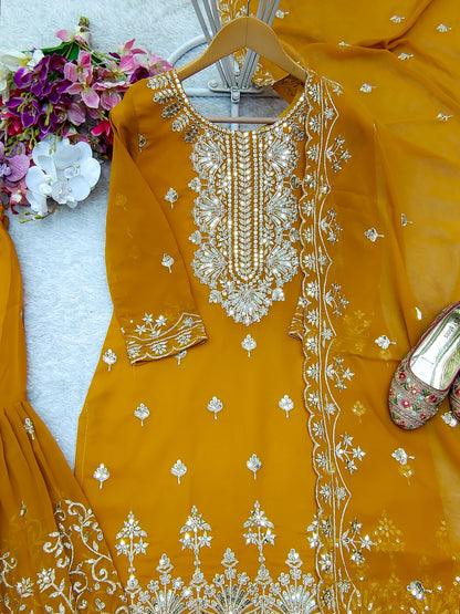 Charming Georgette Mustard Color Sharara Suit