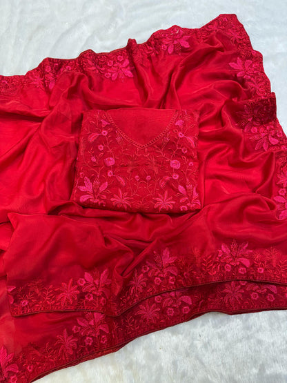 Alluring Organza Embroidery Work Red Color Saree