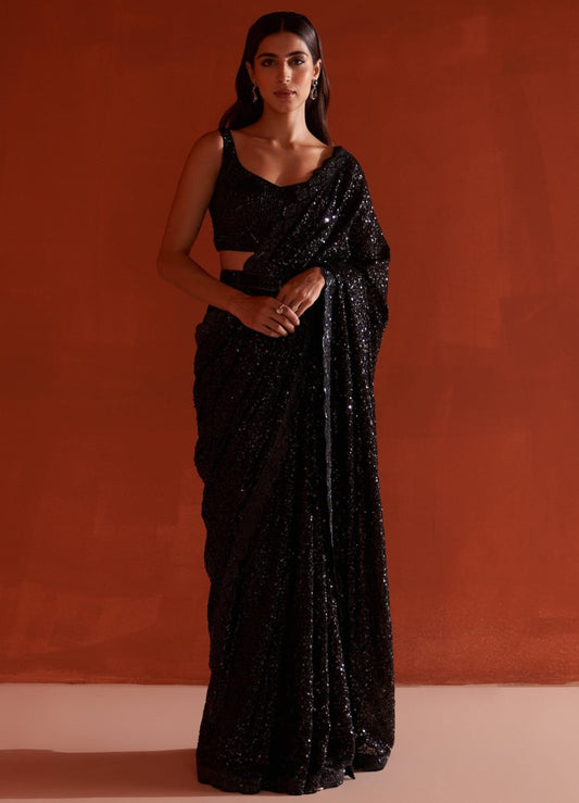 Adorable Georgette Sequence Work Black Color Saree