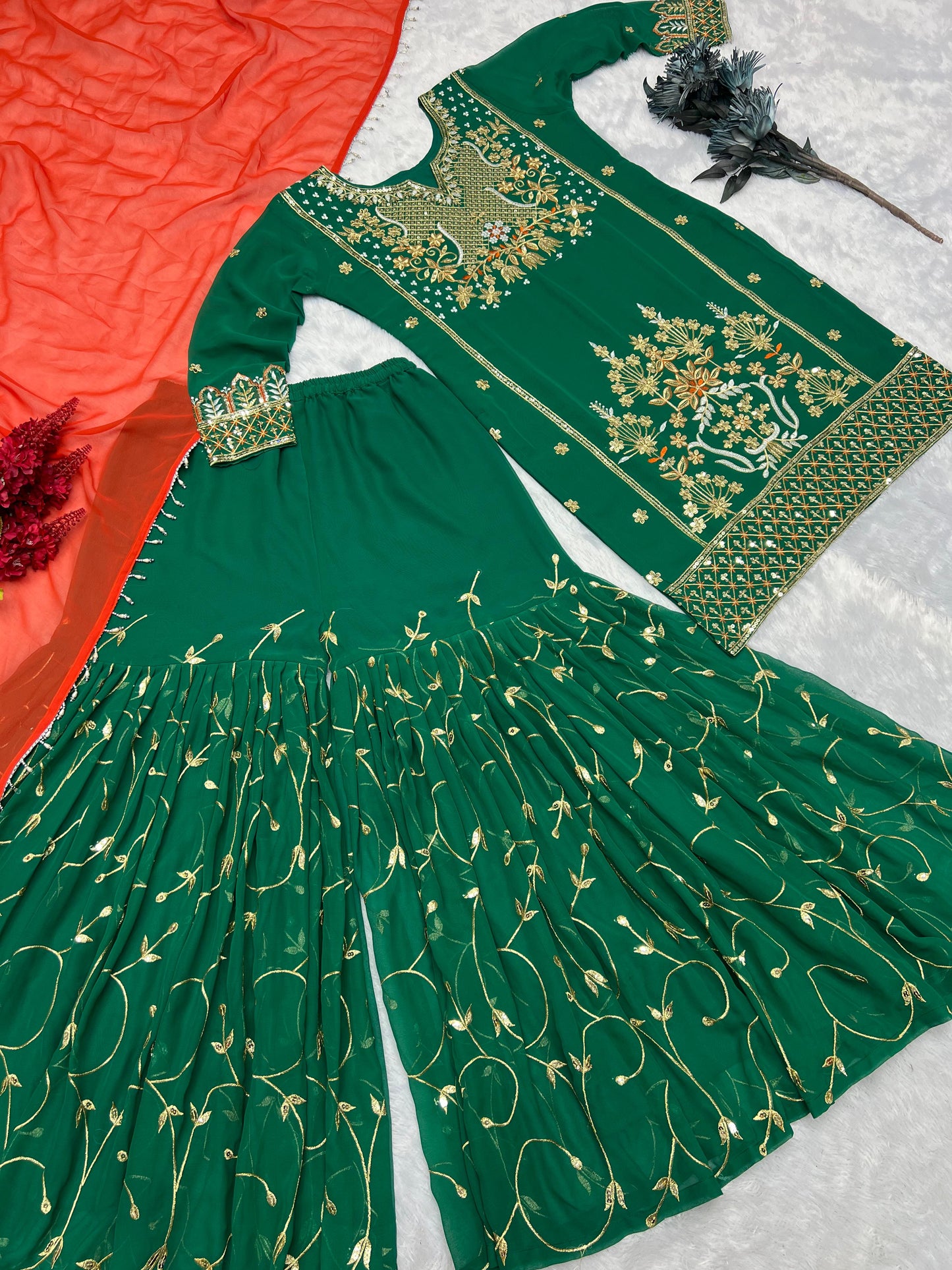 Good Looking Embroidery Sequence Work Green Color Sharara With Orange Dupatta