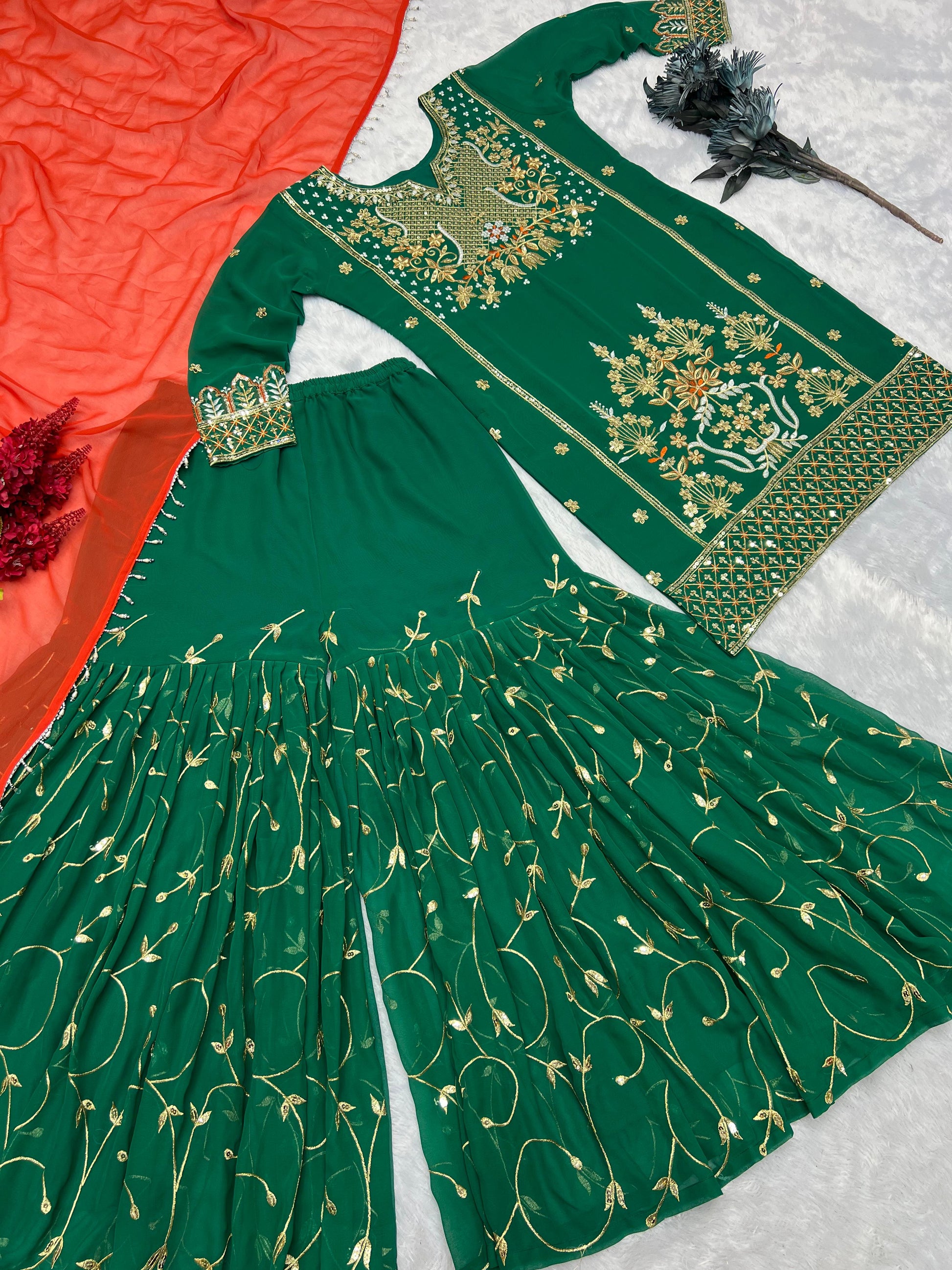 Good Looking Embroidery Sequence Work Green Color Sharara With Orange Dupatta