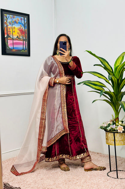 Designer Embroidery Lace Work Velvet Marron Color Gown