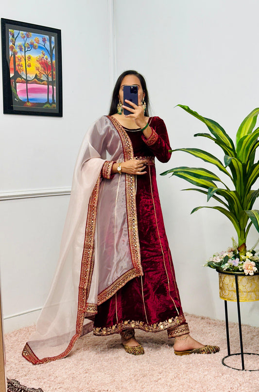 Designer Embroidery Lace Work Velvet Marron Color Gown