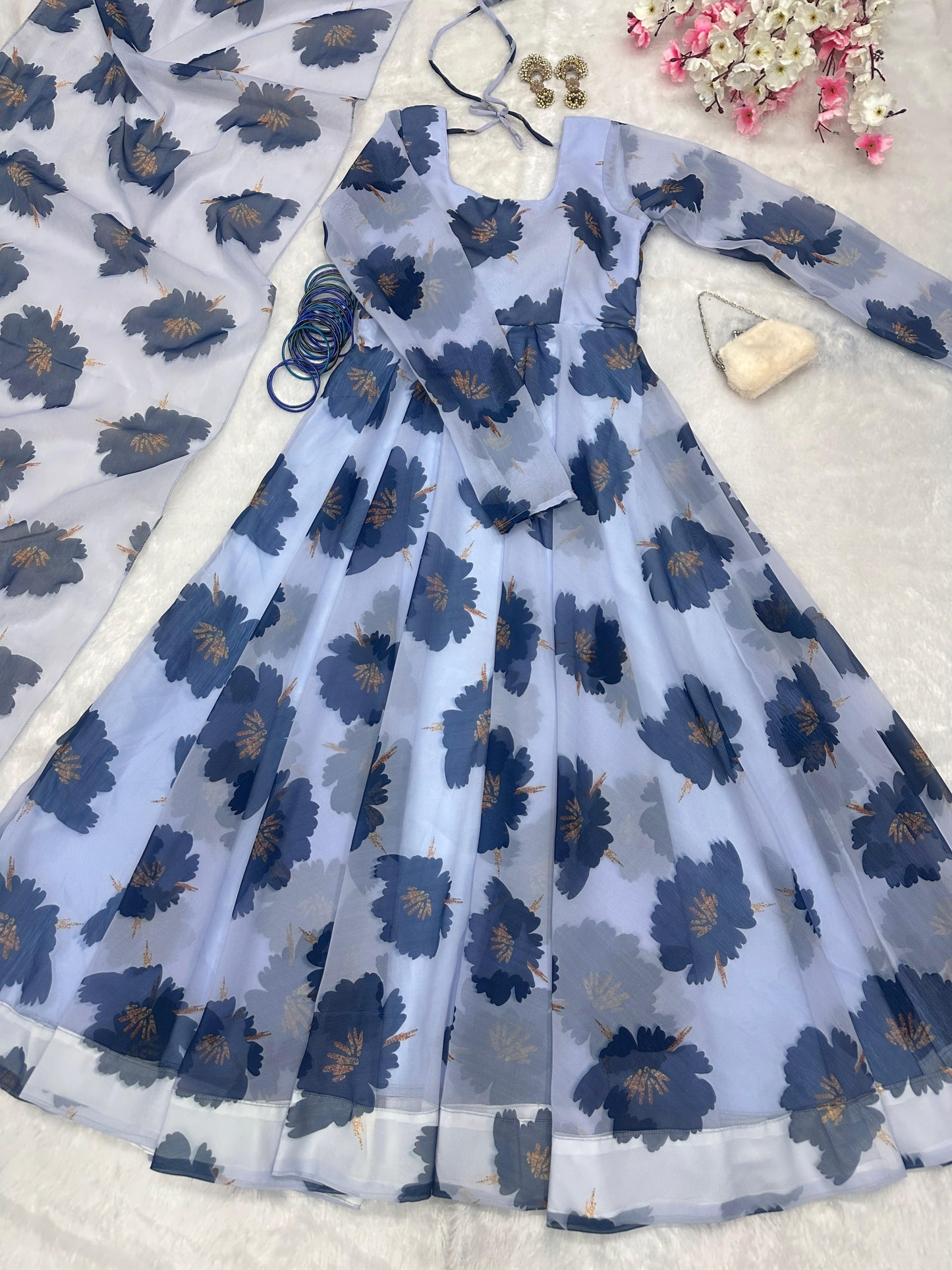 Outstanding Digital Printed  Sky Blue Color Anarkali Suit