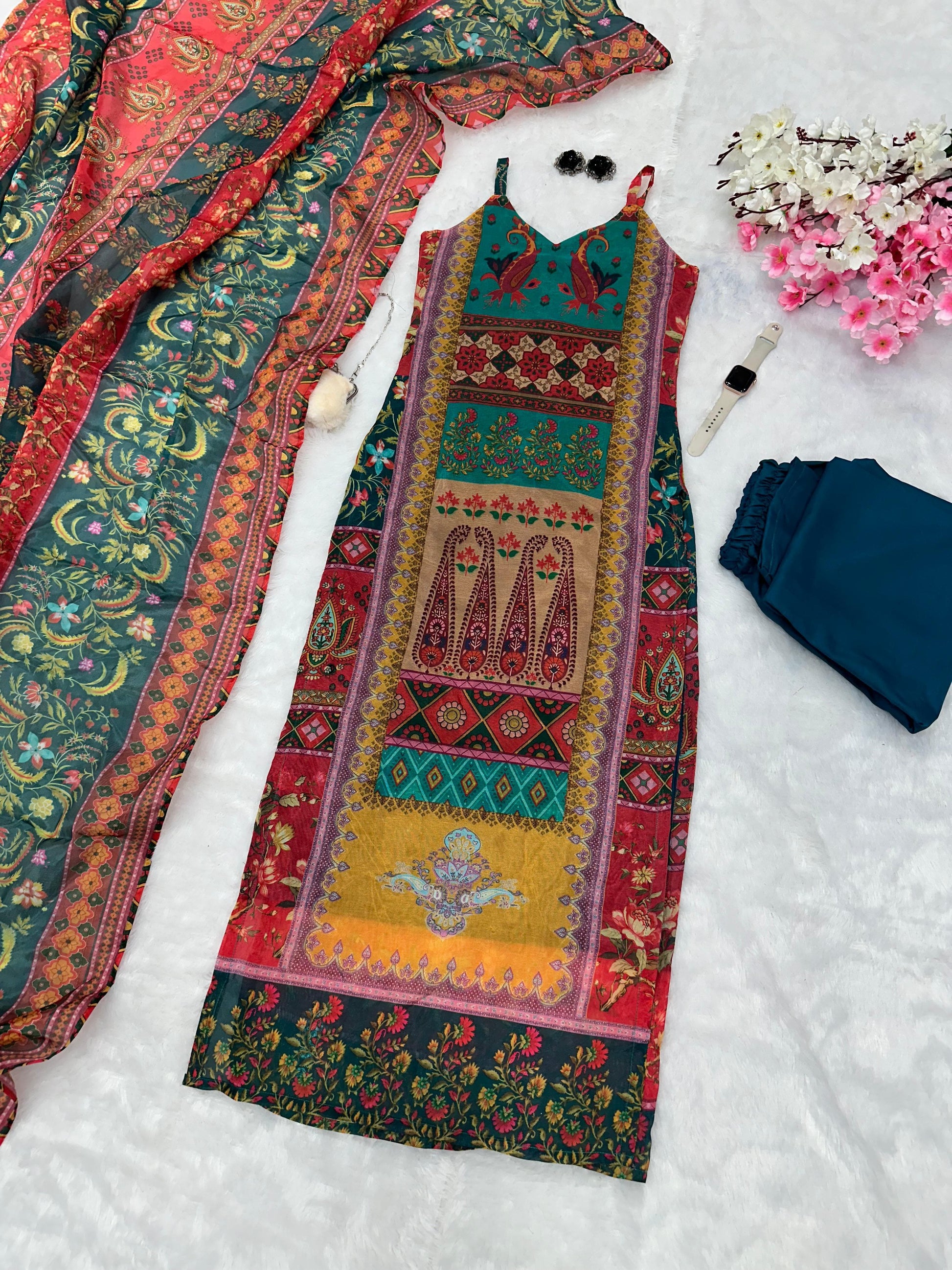 Glimmering  Multi Color Printed Top With Dupatta Set