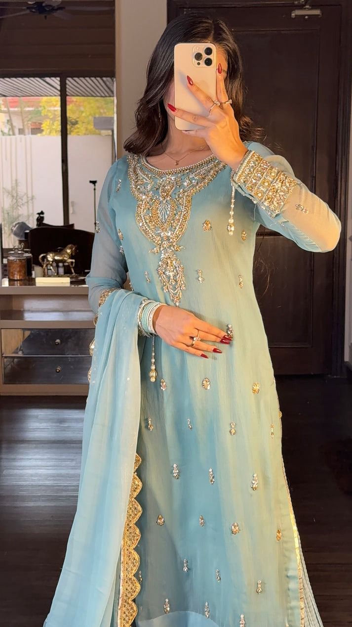 Precious Heavy Embroidery Sequence Work Rama Color Sharara Suit