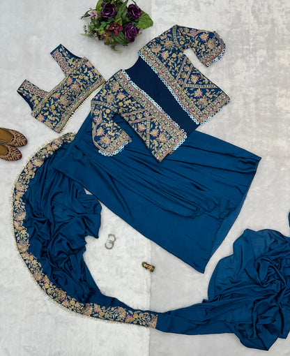 Presenting Embroidery Work Navy Blue Color Ready To Wear Saree