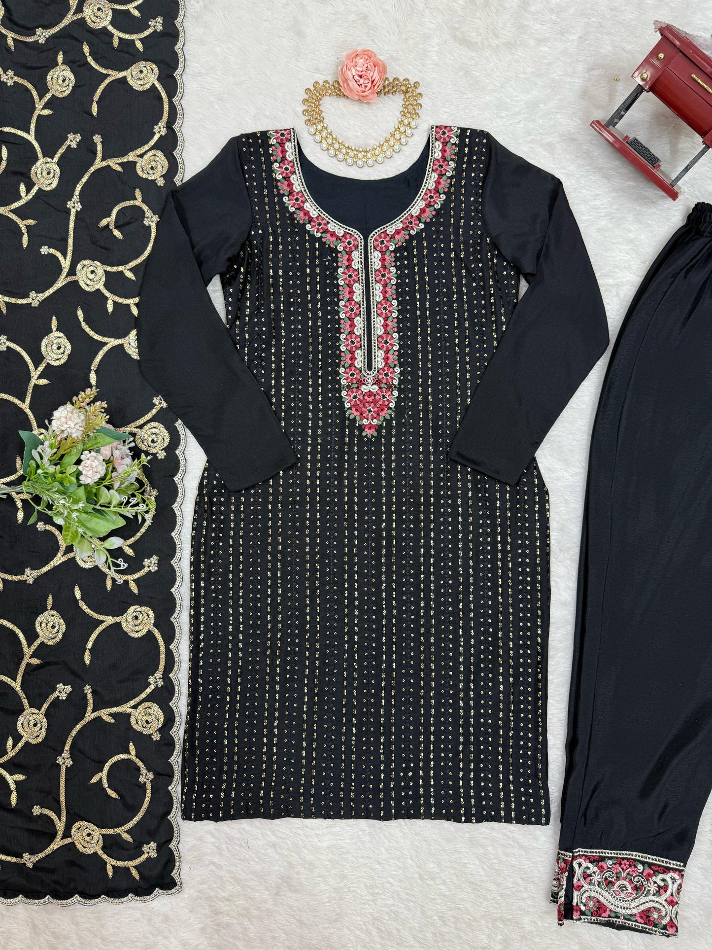 Elegant Chinon Silk Black Color Salwar Suit