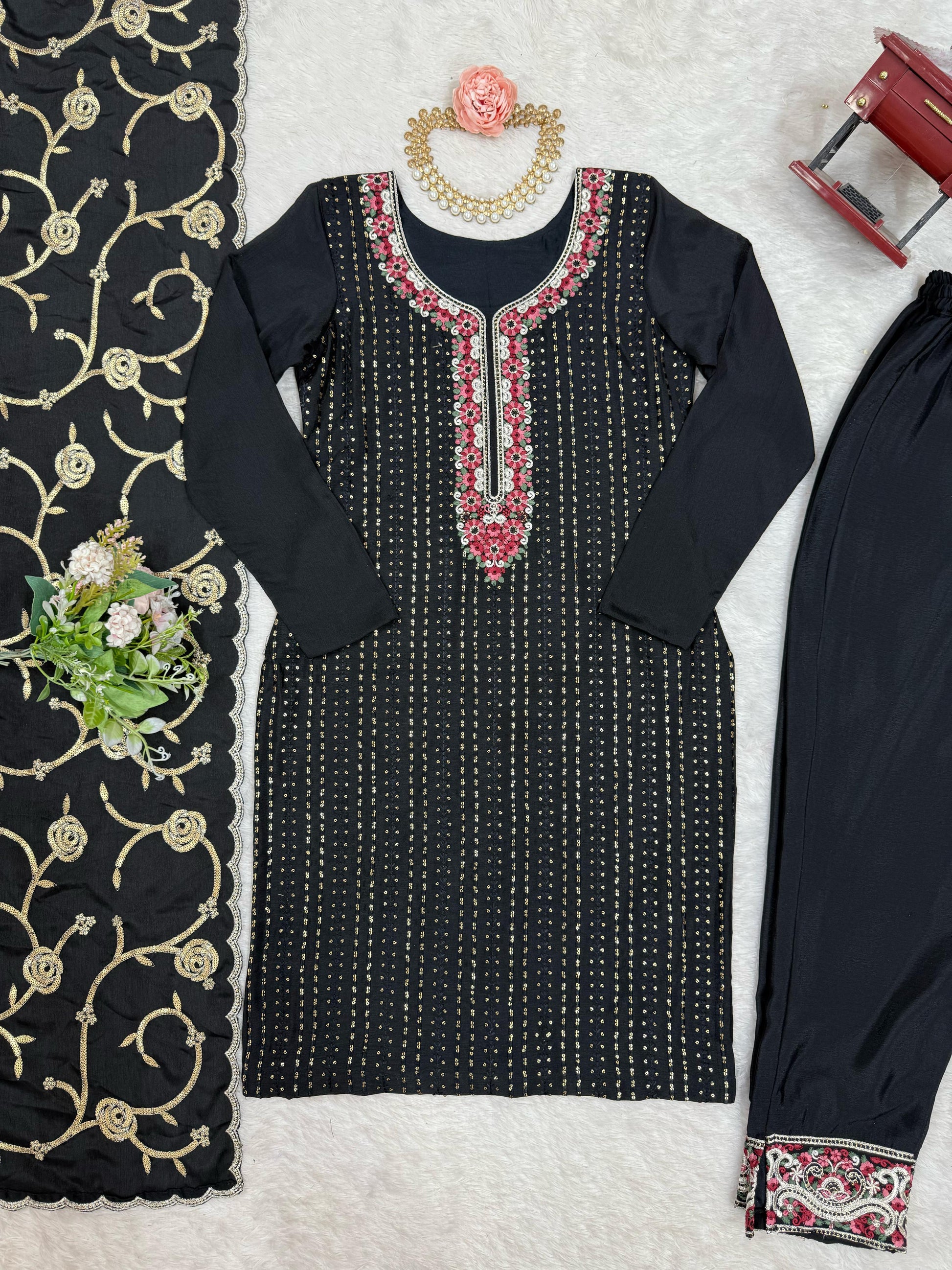 Elegant Chinon Silk Black Color Salwar Suit