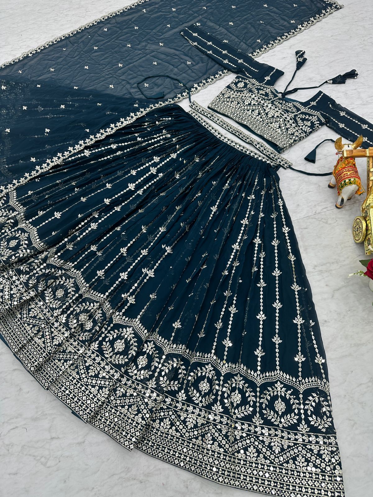 Designer Georgette Sequence Work Teal Blue Color Lehenga Choli