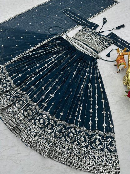 Designer Georgette Sequence Work Teal Blue Color Lehenga Choli