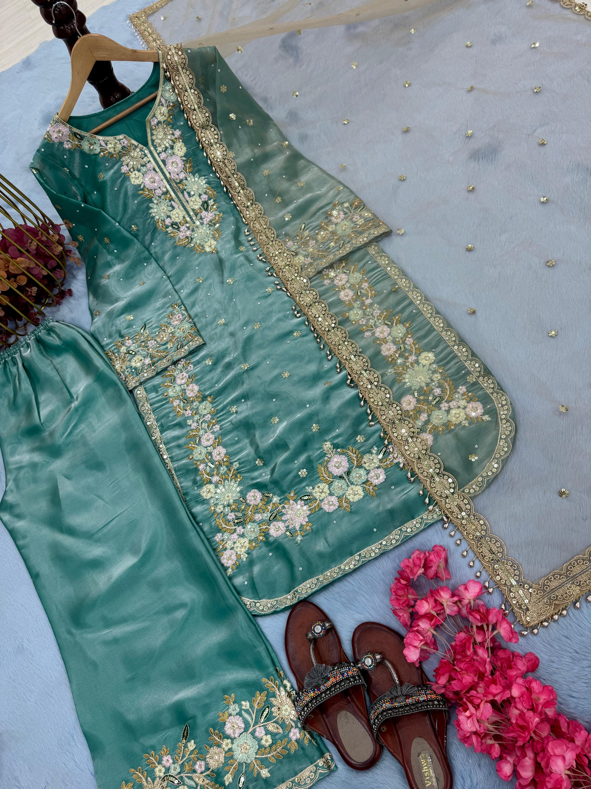 Elegant Jimmy Choo Sequence Work Teal Blue Color Palazzo Suit