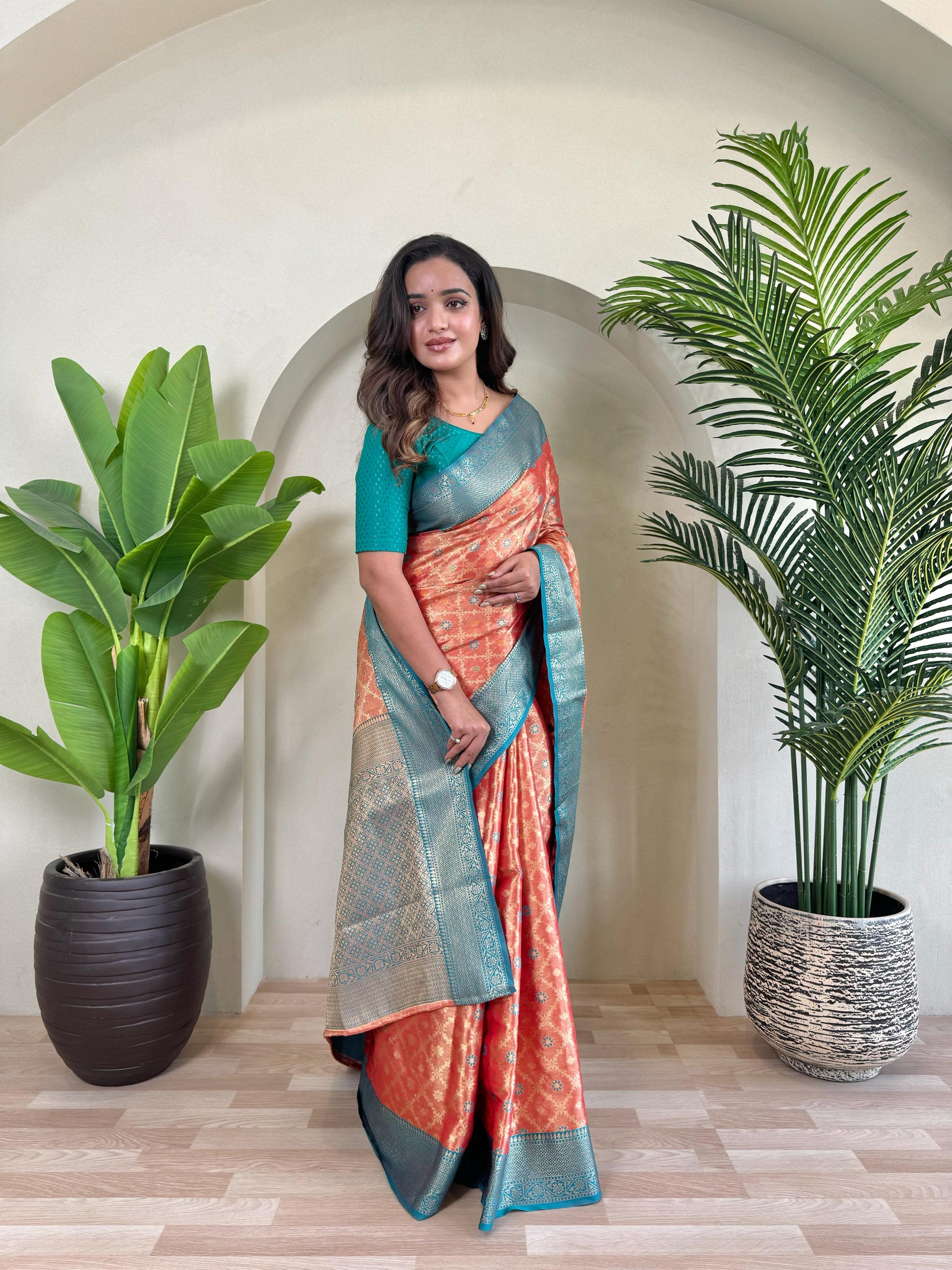 Designer Silk Zari Weaving Orange Color Saree