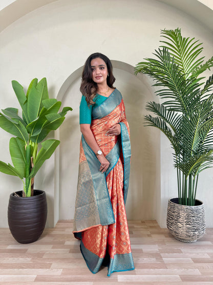 Designer Silk Zari Weaving Orange Color Saree